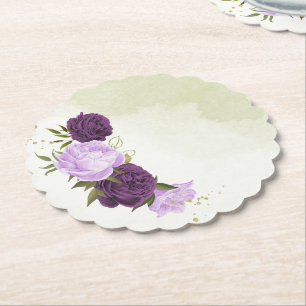purple flowers green leaves wedding paper coaster