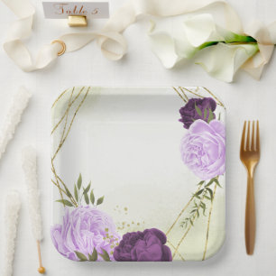 purple flowers green leaves wedding paper plate