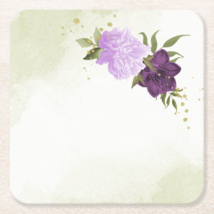 purple flowers green leaves wedding square paper coaster