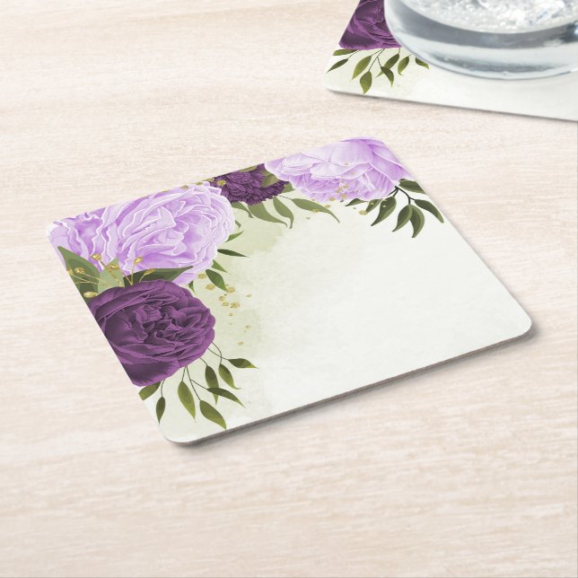 purple flowers green leaves wedding square paper coaster (Angled)