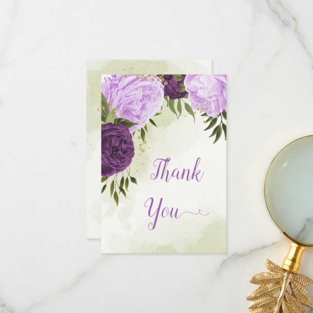 purple flowers green leaves wedding thank you card (Front/Back In Situ)
