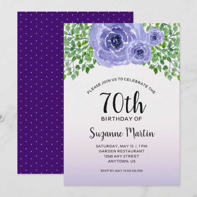 Purple Flowers Greenery 70th Birthday Party Invitation (Front/Back)