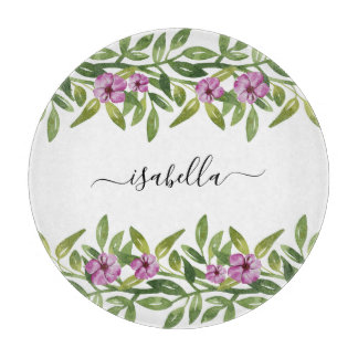 Purple flowers, greenery and typography spring cutting board
