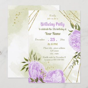 purple flowers greenery birthday party invitation