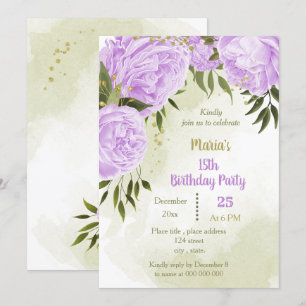 purple flowers greenery birthday party invitation