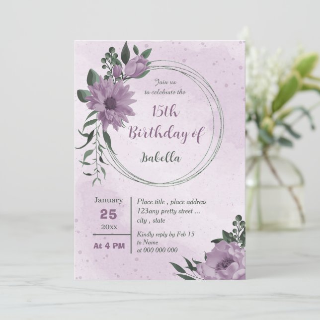 purple flowers greenery botanical birthday  invitation (Standing Front)