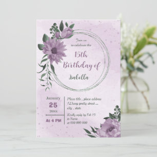 purple flowers greenery botanical birthday invitation