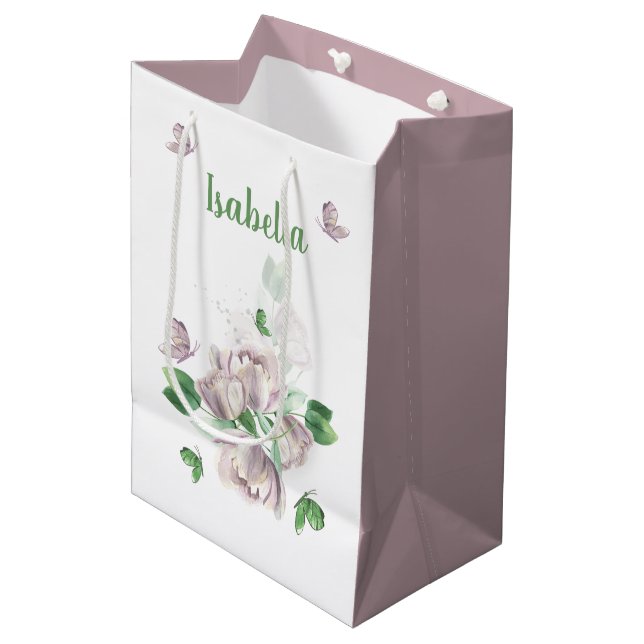purple flowers greenery butterflies medium gift bag (Front Angled)