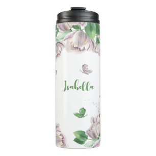 purple flowers greenery butterflies  thermal tumbler