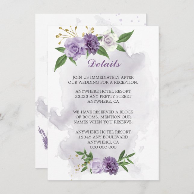 purple flowers greenery details enclosure card (Front/Back)