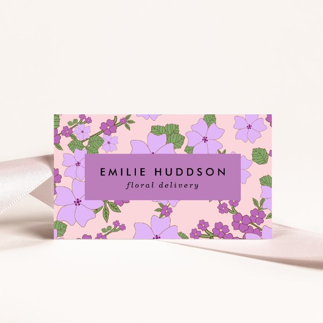 Purple Flowers, Greenery, Florist, Flower Shop Business Card (Creator Uploaded)