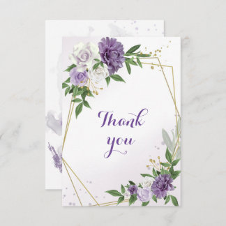 purple flowers greenery gold geometric thank you card
