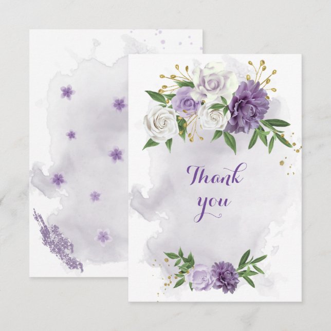 purple flowers greenery gold  thank you card (Front/Back)