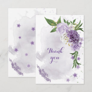 purple flowers greenery gold thank you card