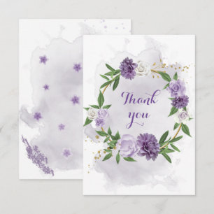 purple flowers greenery gold wreath  thank you card