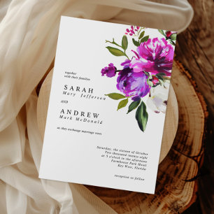 Purple Flowers & Greenery Leaves Modern Wedding Invitation