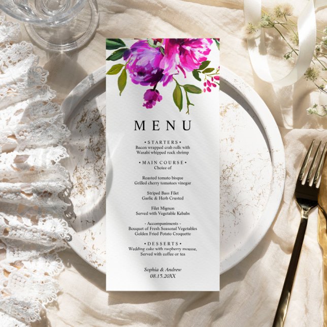 Purple Flowers & Greenery Leves Floral Wedding Menu (Creator Uploaded)