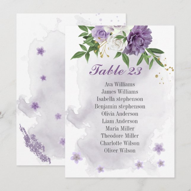 purple flowers greenery seating chart card (Front/Back)