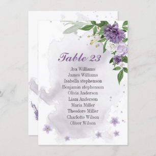 purple flowers greenery seating chart card