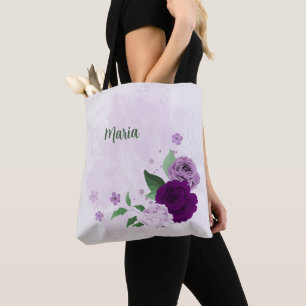 purple flowers greenery tote bag