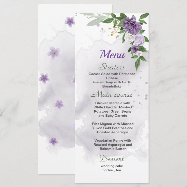 purple flowers greenery wedding menu (Front/Back)