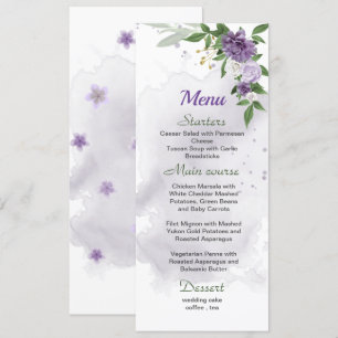 purple flowers greenery wedding menu
