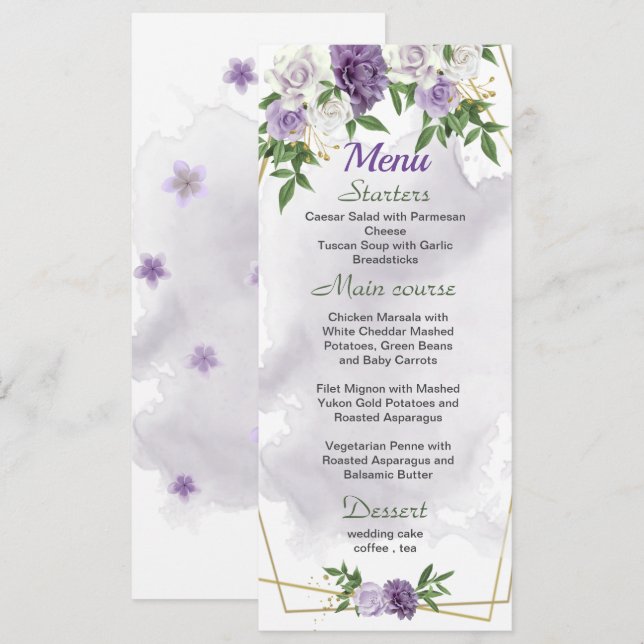 purple flowers greenery wedding menu (Front/Back)