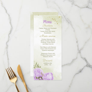 purple flowers greenery wedding menu