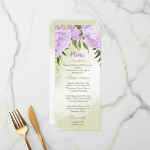 purple flowers greenery wedding menu
