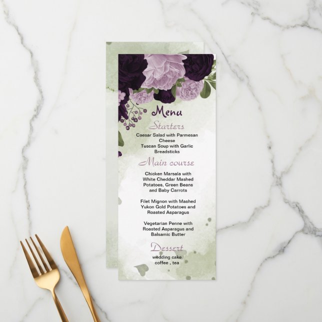 purple flowers greenery wedding menu (Front/Back In Situ)