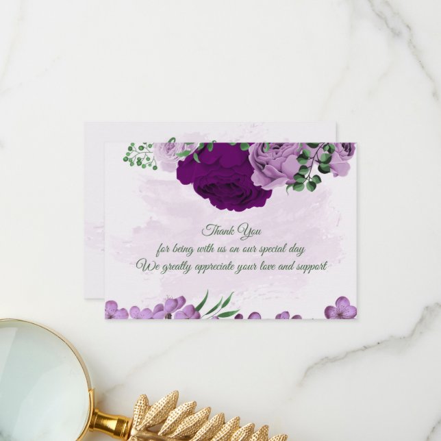 Purple flowers greenery wedding thank you card (Front/Back In Situ)