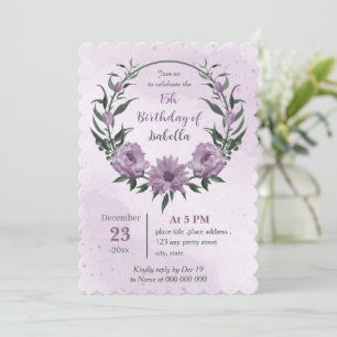 purple flowers greenery wreath birthday invitation