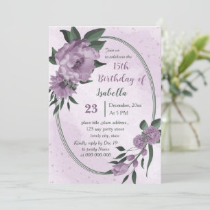 purple flowers greenery wreath birthday invitation
