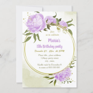 purple flowers greenery wreath birthday party invitation