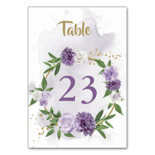 purple flowers greenery wreath  table number