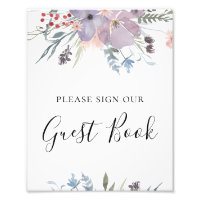 Purple flowers guest book sign. Botanical wedding