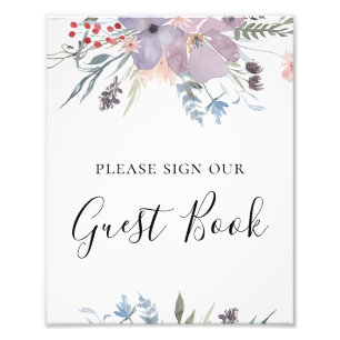 Purple flowers guest book sign. Botanical wedding Photo Print