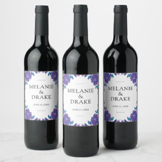 Purple Flowers Handpainted Wedding Wine Label