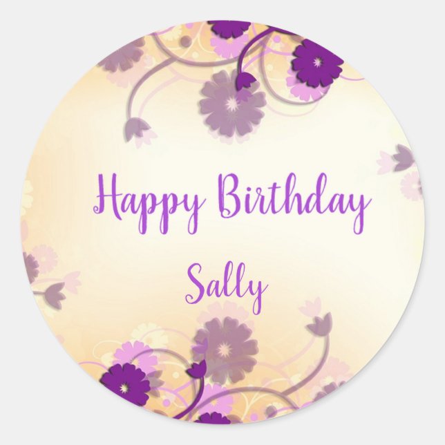 Purple flowers happy birthday classic round sticker (Front)