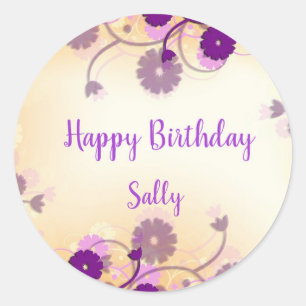Purple flowers happy birthday classic round sticker
