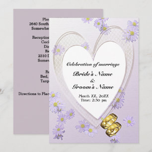 Purple Flowers, Heart Frame, Rings, Wedding Invite