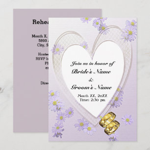 Purple Flowers, Heart, Rings, Rehearsal Dinner Invitation