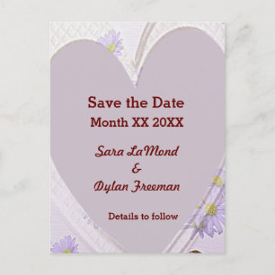 Purple Flowers, Heart, Rings, Save the Date PCard Announcement Postcard