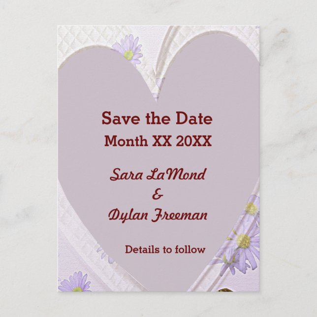 Purple Flowers, Heart, Rings, Save the Date PCard Announcement Postcard (Front)