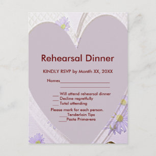 Purple Flowers, Heart, RSVP Rehearsal Dinner Pard Invitation Postcard