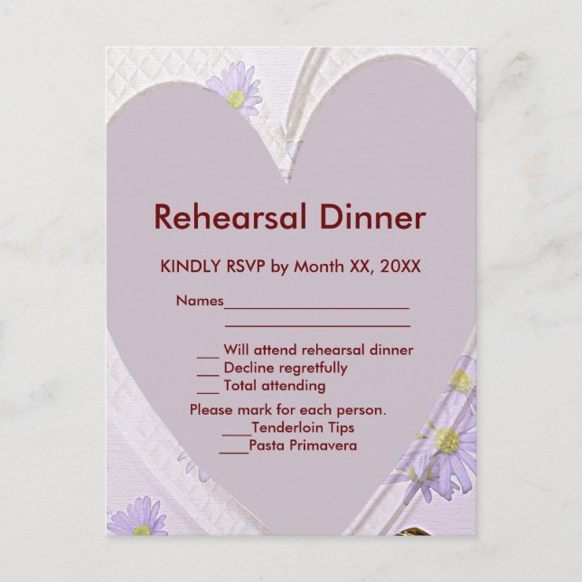 Purple Flowers, Heart, RSVP Rehearsal Dinner Pard Invitation Postcard (Front)