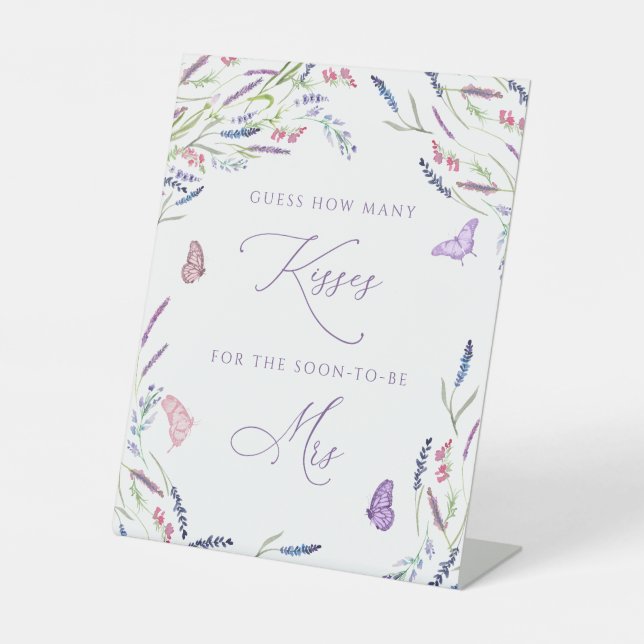 Purple Flowers How Many Kisses Bridal Shower Game  Pedestal Sign (Front)
