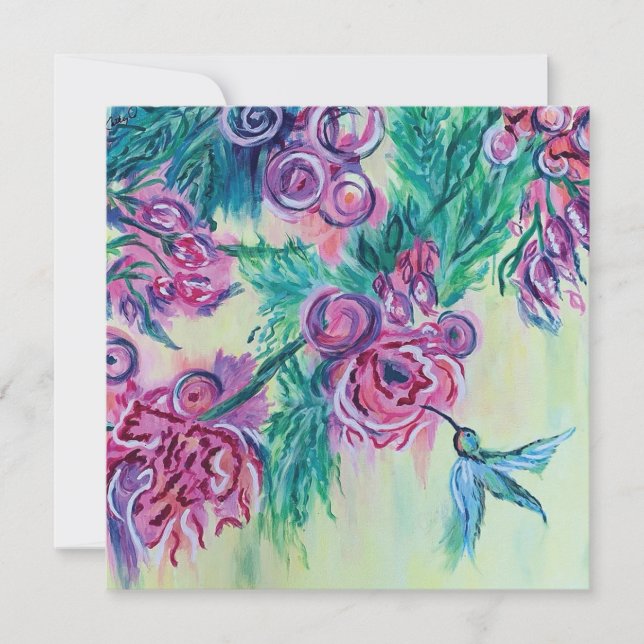 Purple Flowers & Hummingbird Holiday Card (Front)