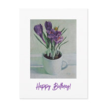 Purple flowers in a cup painting birthday art card