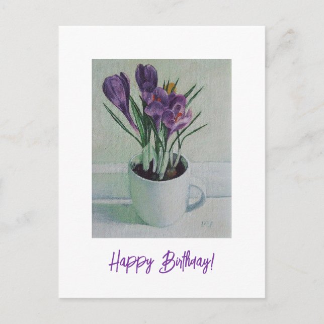 Purple flowers in a cup painting birthday art card (Front)